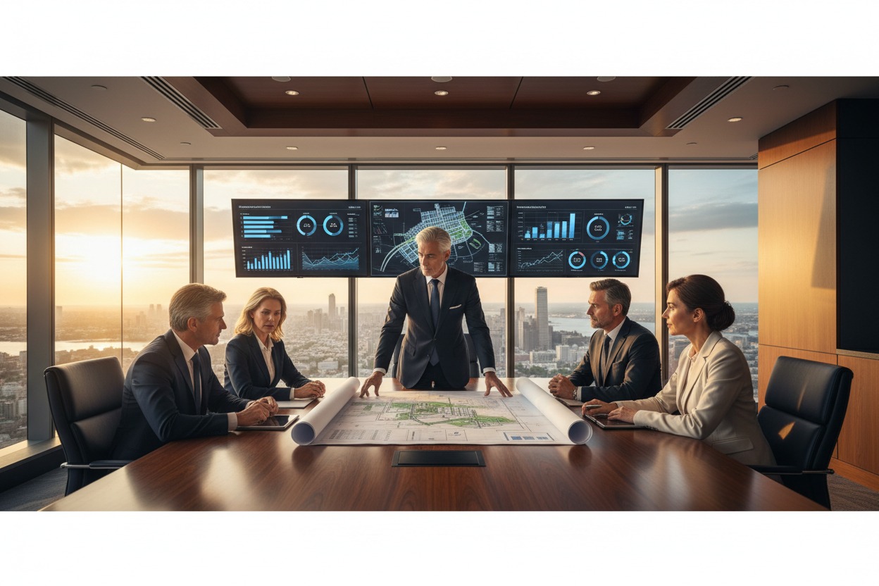 A team of professionals in business attire reviews a large architectural blueprint at a conference table in a high-rise office overlooking a city at sunset.