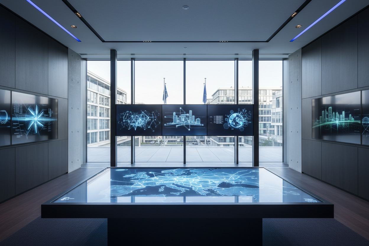 A modern conference room features a large digital table displaying a glowing map of Europe and wall-mounted screens showing data visualizations and city schematics.