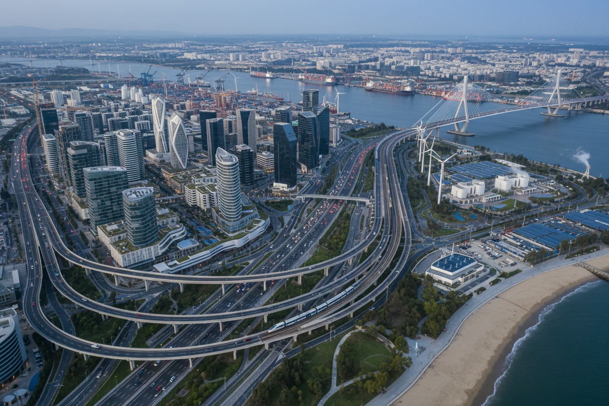 An aerial view shows a modern city skyline with high-rise buildings, a complex highway interchange, a train crossing a bridge, and a large port area near the coast.