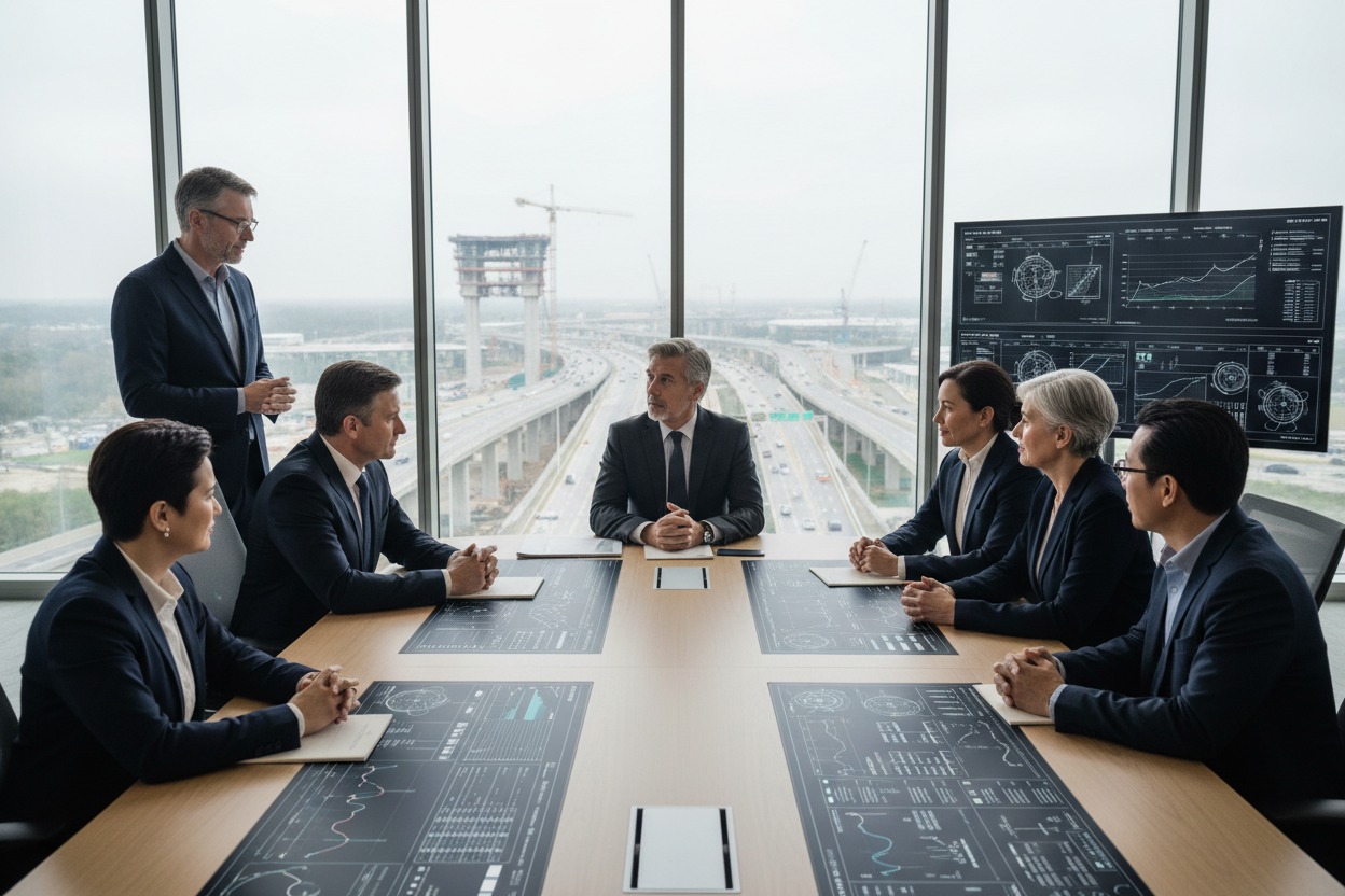 A diverse group of professionals in business attire sits around a conference table in a high-rise office overlooking a highway construction site.