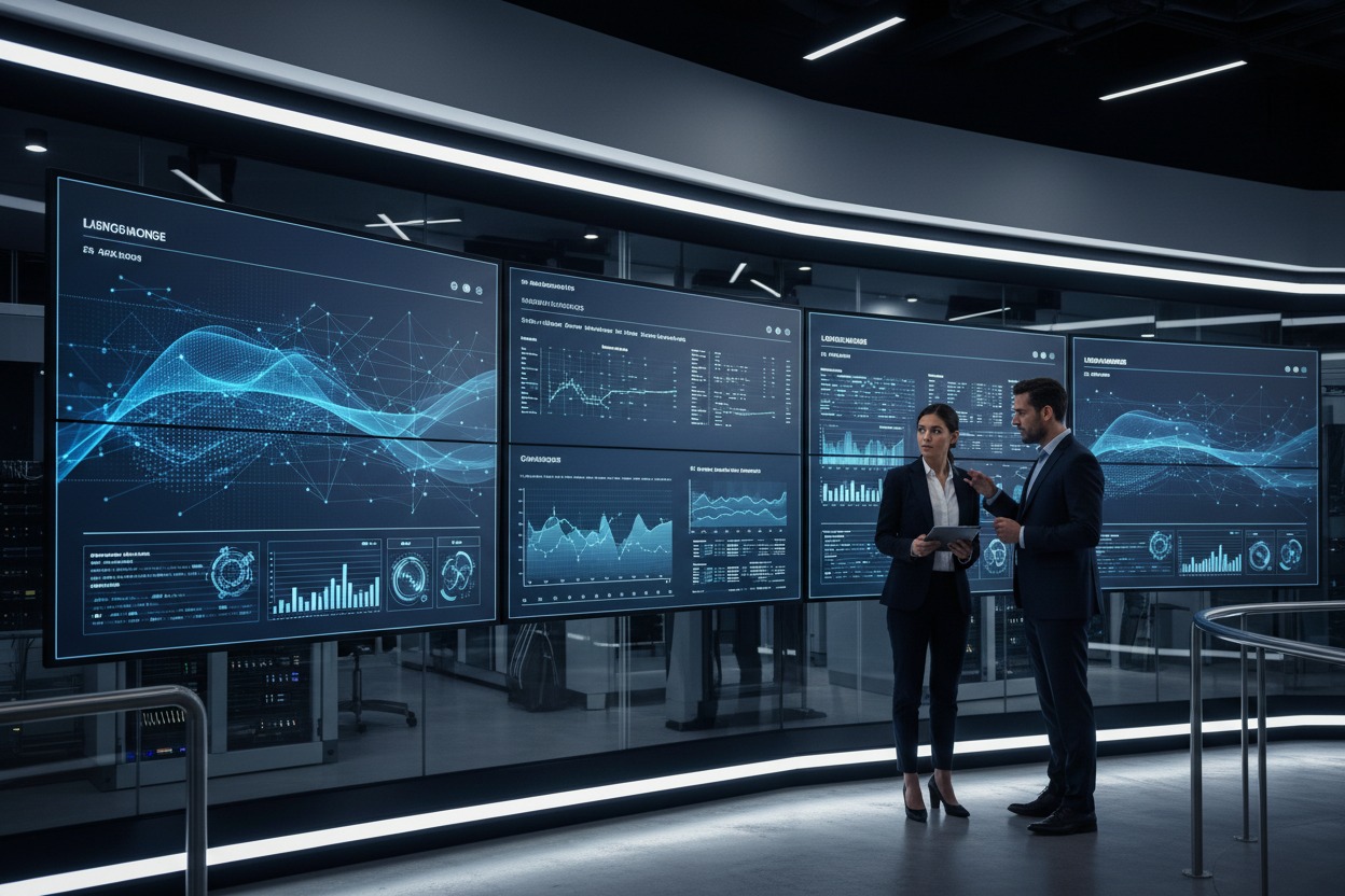 A man and a woman in business attire stand in a modern server room, discussing data displayed on large digital screens.