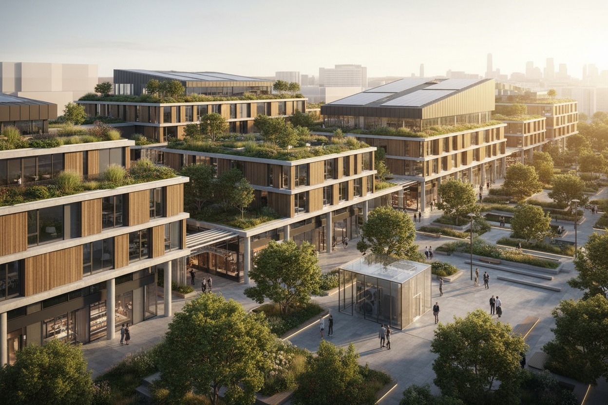 A modern office complex features wooden facades, green rooftop gardens, and a landscaped pedestrian plaza with people walking between buildings.